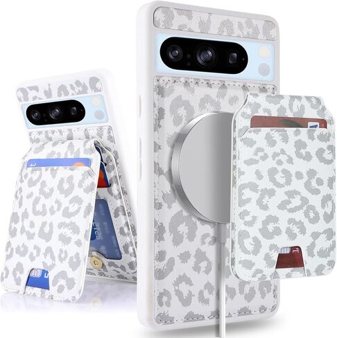 حافظة لهاتف Google Pixel 8 Pro مع حامل بطاقة الائتمان، تناسب محفظة Pixel 8 Pro الجلدية للنساء، محفظة متوافقة قابلة للفصل 2 في 1 للرجال - أبيض ليوبارد in Saudi Arabia