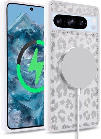 حافظة لهاتف Google Pixel 8 Pro مع حامل بطاقة الائتمان، تناسب محفظة Pixel 8 Pro الجلدية للنساء، محفظة متوافقة قابلة للفصل 2 في 1 للرجال - أبيض ليوبارد in Saudi Arabia