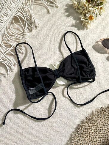 OYOANGLE Women's 3D Floral Appliques Sleeveless Wireless Bikini Top Spaghetti Straps Beachwear Swimsuit Tops in Saudi Arabia