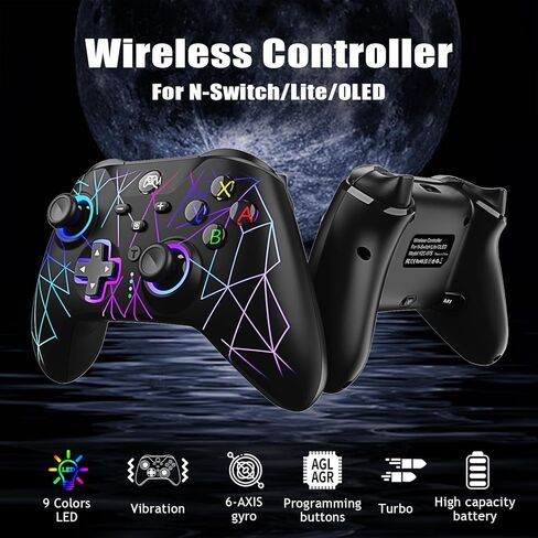 وحدة تحكم HQFYH Wireless Switch Pro، عصا تحكم قابلة لإعادة الشحن بقدرة 1000 مللي أمبير في الساعة مع RGB بارد، توربو، ماكرو، محور جيروسكوبي، تنبيه، مشغل القاعة، للتبديل/Lite/OLED/iOS/Android/PC in Kuwait