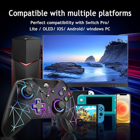 وحدة تحكم HQFYH Wireless Switch Pro، عصا تحكم قابلة لإعادة الشحن بقدرة 1000 مللي أمبير في الساعة مع RGB بارد، توربو، ماكرو، محور جيروسكوبي، تنبيه، مشغل القاعة، للتبديل/Lite/OLED/iOS/Android/PC in Kuwait