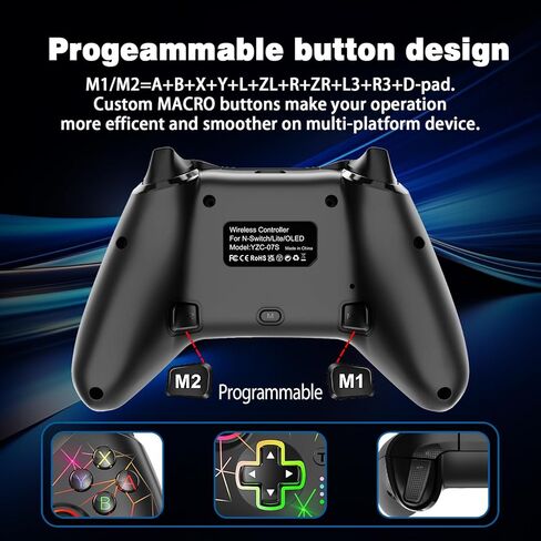 وحدة تحكم HQFYH Wireless Switch Pro، عصا تحكم قابلة لإعادة الشحن بقدرة 1000 مللي أمبير في الساعة مع RGB بارد، توربو، ماكرو، محور جيروسكوبي، تنبيه، مشغل القاعة، للتبديل/Lite/OLED/iOS/Android/PC in Kuwait