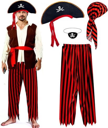 Men Pirate Costume 4 Pcs Accessories Outfit Party Supplies Pirate Hat Cap Man Medieval Renaissance Cosplay Role Play in Saudi Arabia