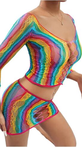Women Sexy Lingerie Bodysuit Lace Teddy cosplay Babydoll Underwire sexy Rainbow Multicolored Fishnet Elastic Separable Bikini one piece in Saudi Arabia