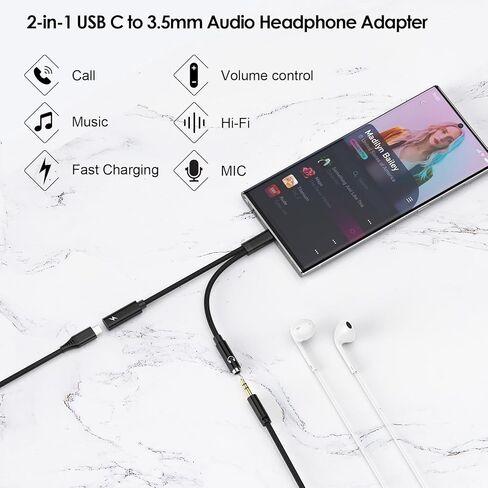 محول مقبس سماعة الرأس USB من النوع C إلى 3.5 ملم لهاتف Samsung Galaxy A15 5G A54 S23 Ultra Z Fold 5 A23 A14 A24 A34 S22 S21FE S20 Note20، Pixel 8 7a 6,2 في 1 نوع C إلى Aux Audio Dongle سلك شحن سريع in Saudi Arabia