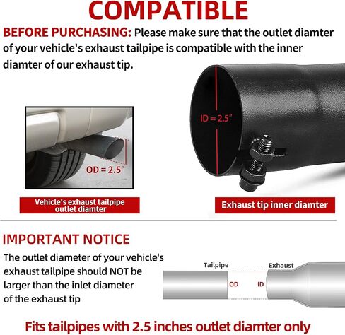 AUTOSAVER88 2.5 Inch Inlet Black Exhaust Tip, 2.5" Inlet 2.5" Outlet 9" Overall Length Stainless Steel Turn Down Exhaust Tips Powder Coated Finish Tailpipe in Saudi Arabia