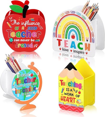 4 Pack Wooden Pencil Holder Teacher Appreciation Gift Thank You Gift Shape of Apple Rainbow Pen Globe Desktop Pen Organizer Holder for Christmas End of Year School Teacher Office Home Desk in Saudi Arabia