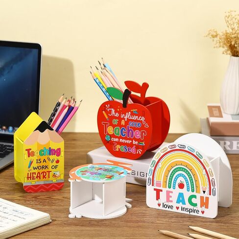 4 Pack Wooden Pencil Holder Teacher Appreciation Gift Thank You Gift Shape of Apple Rainbow Pen Globe Desktop Pen Organizer Holder for Christmas End of Year School Teacher Office Home Desk in Saudi Arabia