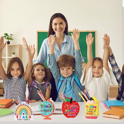 4 Pack Wooden Pencil Holder Teacher Appreciation Gift Thank You Gift Shape of Apple Rainbow Pen Globe Desktop Pen Organizer Holder for Christmas End of Year School Teacher Office Home Desk in Saudi Arabia