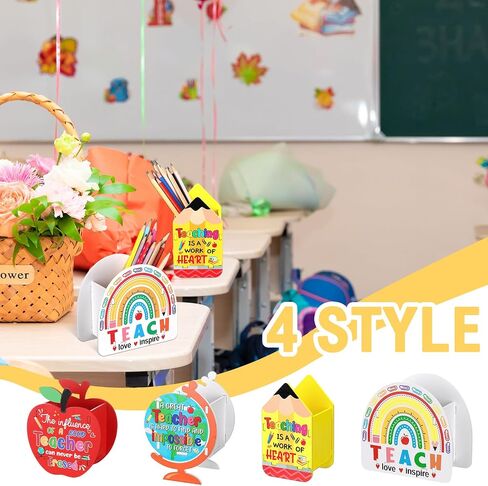 4 Pack Wooden Pencil Holder Teacher Appreciation Gift Thank You Gift Shape of Apple Rainbow Pen Globe Desktop Pen Organizer Holder for Christmas End of Year School Teacher Office Home Desk in Saudi Arabia