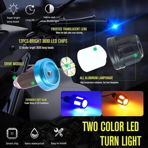 2Pcs Motorcycle Turn Signal LED Lights,DouHble Color Bar End Handle Grip Indicator Side Marker Light Kits for ATV Motorcycle Scooter. (Blue+Amber) in Saudi Arabia