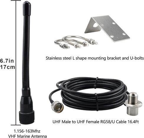 BOOBRIE VHF هوائي بحري 156-163 ميجا هرتز قارب بحري VHF هوائي 2-4dbi مع موصل ذكر PL259 UHF ذكر إلى أنثى 16.4ft RG58U كابل محوري للمراكب الشراعية البحرية واليخوت وجهاز الإرسال والاستقبال اللاسلكي المحمول in Kuwait