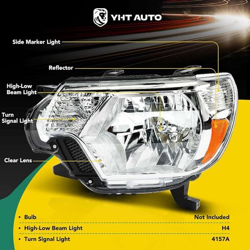 YHTAUTO مجموعة من 2 استبدال مجموعة المصابيح الأمامية لعام 2005-2011 مصابيح تويوتا تاكوما للسائق والراكب، مصابيح أمامية شفافة بعدسات شفافة من الكروم، مصابيح أمامية عاكسة للمنشور الصغير in Saudi Arabia