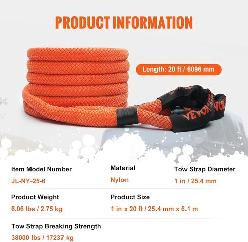 VEVOR 1" x 20' Kinetic Recovery Tow Rope 38,000 lbs, Heavy-Duty Off Road Snatch Strap, Extreme Duty 30% Elasticity Energy Snatch Strap for Jeep Car Truck ATV UTV SUV Tractor in Saudi Arabia