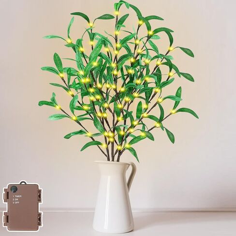 Remon 30 Inch Lighted Olive Branches - Faux Light Up Olive Stems with 60 LED Lights, 120 Leaves, Timer Battery Operated Lighted Branches for Vases, Prelit Artificial Greenery for Tabletop Decoration in Saudi Arabia