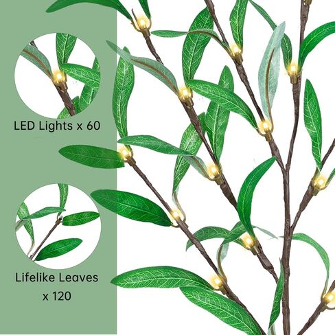 Remon 30 Inch Lighted Olive Branches - Faux Light Up Olive Stems with 60 LED Lights, 120 Leaves, Timer Battery Operated Lighted Branches for Vases, Prelit Artificial Greenery for Tabletop Decoration in Saudi Arabia