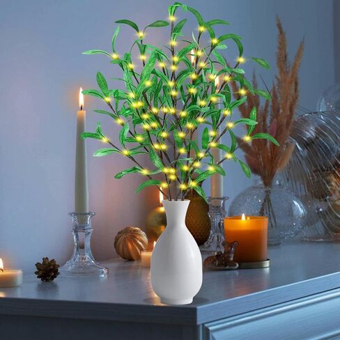 Remon 30 Inch Lighted Olive Branches - Faux Light Up Olive Stems with 60 LED Lights, 120 Leaves, Timer Battery Operated Lighted Branches for Vases, Prelit Artificial Greenery for Tabletop Decoration in Saudi Arabia