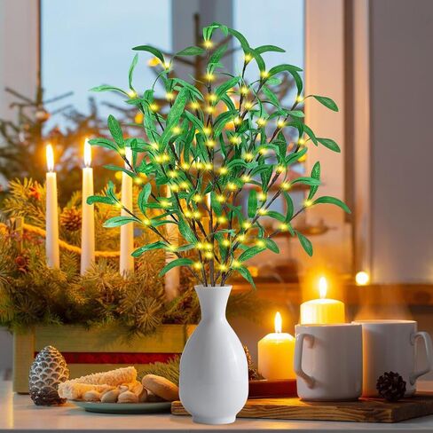 Remon 30 Inch Lighted Olive Branches - Faux Light Up Olive Stems with 60 LED Lights, 120 Leaves, Timer Battery Operated Lighted Branches for Vases, Prelit Artificial Greenery for Tabletop Decoration in Saudi Arabia