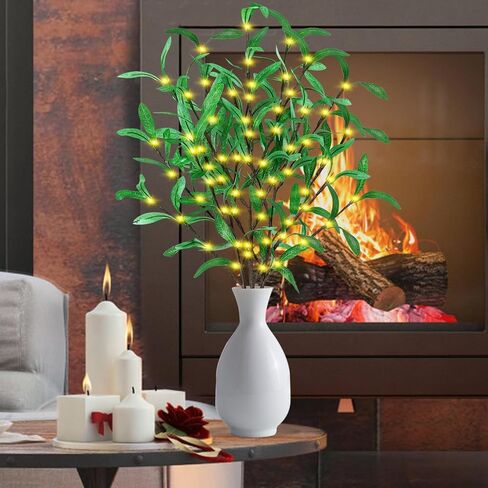 Remon 30 Inch Lighted Olive Branches - Faux Light Up Olive Stems with 60 LED Lights, 120 Leaves, Timer Battery Operated Lighted Branches for Vases, Prelit Artificial Greenery for Tabletop Decoration in Saudi Arabia