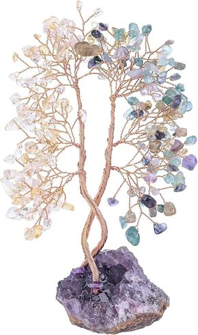 mookaitedecor Natural Rose Quartz & Aquamarine Crystal Tree with Amethyst Cluster Base, Money Tree of Life Ornament for Feng Shui Desk Decoration in Kuwait