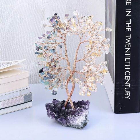 mookaitedecor Natural Rose Quartz & Aquamarine Crystal Tree with Amethyst Cluster Base, Money Tree of Life Ornament for Feng Shui Desk Decoration in Kuwait