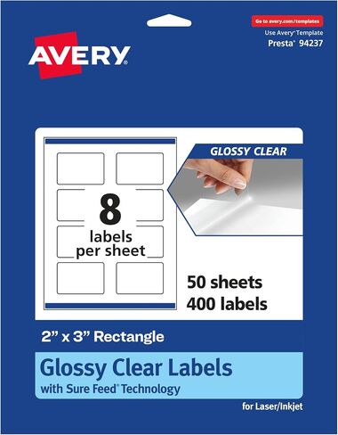 Avery Glossy Clear Rectangle Labels with Sure Feed, 2" x 3", 80 Glossy Clear Labels, Print-to-The-Edge, Laser/Inkjet Printable Labels in Saudi Arabia