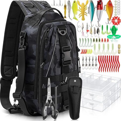 85 Pcs Fishing Tackle Kit Fishing Backpack Tackle Sling Bag Fishing Tackle Bags with Rod Holder Fishing Lures Kit Fishing Pliers Set Tackle Boxes for Men Women in Saudi Arabia