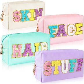ZAUGONTW 4Pcs Nylon Cosmetic Bag Preppy Makeup Bag Chenille Letter, PU Leather Waterproof Travel Organizer Bag Hair Bag with Nylon Zipper Patches Makeup Organizer Bag Set for Women Girls