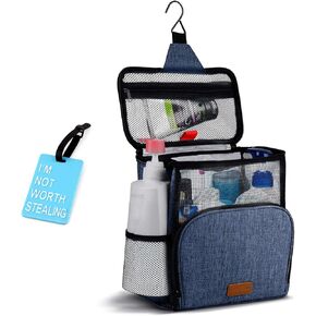 Hanging Toiletry Bag, Shower Caddy Tote Bag (Updated Version, Full Size Bottle Compatible), Bath Organizer for College Dorms, Gym, Camp, Women Men, with Funny Luggage Tag