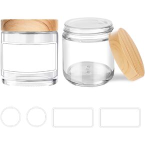Small Glass Containers with Lids, 4 oz Glass Jars with Plastic Woodgrain Lids & Inner Liners, Reusable Travel Containers for Creams, Makeup, Lotion, Cosmetic - 2 pack