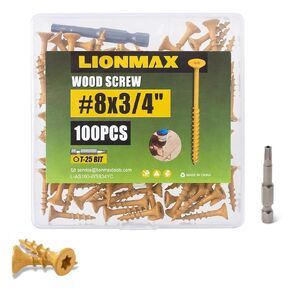 LIONMAX Deck Screws 3/4 Inch, Wood Screws #8 x 3/4", 100 PCS, Rust Resistant, Exterior Epoxy Coated, Outdoor Decking Screws, Torx/Star Drive Head Screw, T25 Star Bit Included, Tan