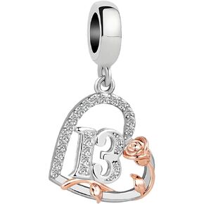 12 13 16 18 21 30 40 50 60 70 Birthday Rose Heart Dangle Charms Compatible with Pandora Bracelet Necklace for Women