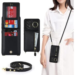 Samsung Galaxy A53 5G Phone case Wallet with Card Holder for Women, Galaxy A53 5G Case Wallet with Strap Credit Card Slots Crossbody with Kickstand Zipper Case for A53 5G- Black