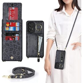 Samsung Galaxy A53 5G Phone case Wallet with Card Holder for Women, Galaxy A53 5G Case Wallet with Strap Credit Card Slots Crossbody with Kickstand Zipper Case for A53 5G- Black