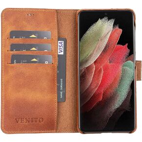 Venito Florence Leather Wallet Phone Case Compatible with Samsung Galaxy S21 - Extra Secure with RFID Blocking - Detachable Phone Wallet (Antique Brown)