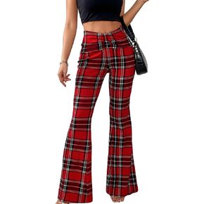 SweatyRocks WWomen's Plaid Ruched Elastic Waist Flare Wide Leg Pants Tartan Print Bell Bottom Long Trousers
