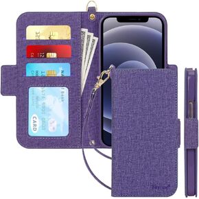 Skycase متوافق مع حافظة iPhone 12 / متوافق مع حافظة iPhone 12 Pro، [حجب RFID] حافظة محفظة قابلة للطي مصنوعة يدويًا مع فتحات للبطاقات وحزام يد قابل للفصل لهاتف iPhone 12/12 Pro 6.1 بوصة 2020، FG-Red