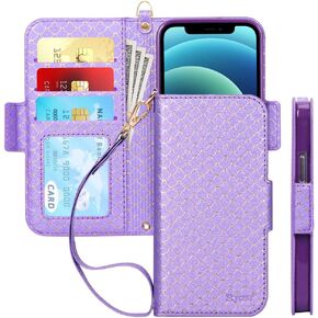 Skycase Compatible for iPhone 12 Case/Compatible for iPhone 12 Pro Case,[RFID Blocking] Handmade Flip Folio Wallet Case with Card Slots and Detachable Hand Strap for iPhone 12/12 Pro 6.1" 2020,FG-Red