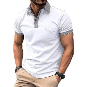 Mens Polo Shirts Short Sleeve Fashion Collar Vintage Pique Golf Shirts with Flap Pocket