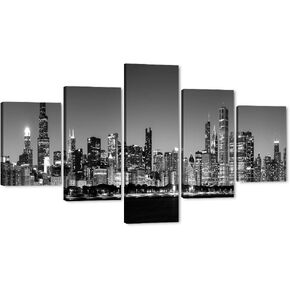 Brooklyn Bridge Sunset View 5 PCS Modern New York Landscape Artwork Canvas Prints Abstract Pictures Sensation to Photo Paintings on Canvas Wall Art for Home Decorations Wall Decor (50''Wx24''H)