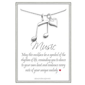 Music Note and Heart Necklace, Sterling Silver Melody Music Note Pendant and Puffed Heart Charm Necklace, Musician Music Lover Gift (16 inches plus 2-inch extender)