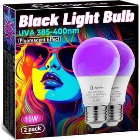 Briignite LED Light Bulb, 10W A19 Blacklight, 2 Pack, UV 385-400nm, Ideal for Glow Parties, Poster Displays, Pet Urine Detection