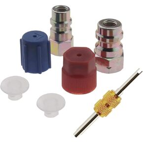 High Low Side Retrofit Conversion Adapter "R-12 to R-134a" 1/4 SEA Valves Caps Fitting Kit with Valve Core Removal Tool for Car A/C Refrigerant Accessories