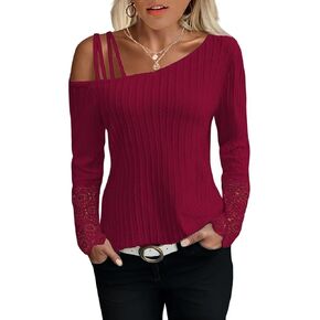 AIMITAG Women's Cold Shoulder T-Shirt Color Block Long Sleeve Casual Blouse Tunic Tops Fashion Basic Shirts
