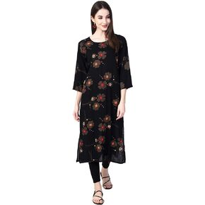 Women's Rayon Slub Floral Print Straight Kurta