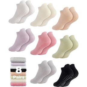 8 Pairs Non Slip Pilates Socks with Grips for Women Bulk Yoga Anti Skid Athletic Socks for Barre Ballet Hospital