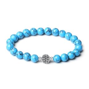 Handmade Original Healing Crystal 8MM Gemstone Stretch Bracelet for Women with 18K Platinum Beads Cubic Zirconia Micro Pave Black Diamond Setting (African turquoise)