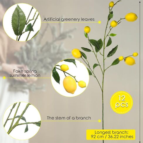 Yunsailing 12 Pcs Artificial Lemon Branch, 36.22 Inch Yellow Fake Lemons Branches with Green Leaf Faux Lemon Stems Decor for Home Kitchen Table Centerpiece in Saudi Arabia