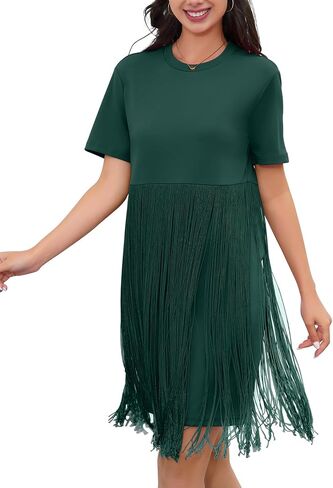KOJOOIN Women's Tassel Dress Casual Summer Dress Short Sleeve Fringe Hem Dresses Party Concert Outfits for Women in Saudi Arabia