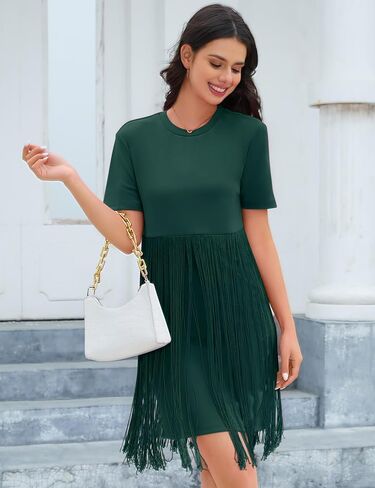KOJOOIN Women's Tassel Dress Casual Summer Dress Short Sleeve Fringe Hem Dresses Party Concert Outfits for Women in Saudi Arabia